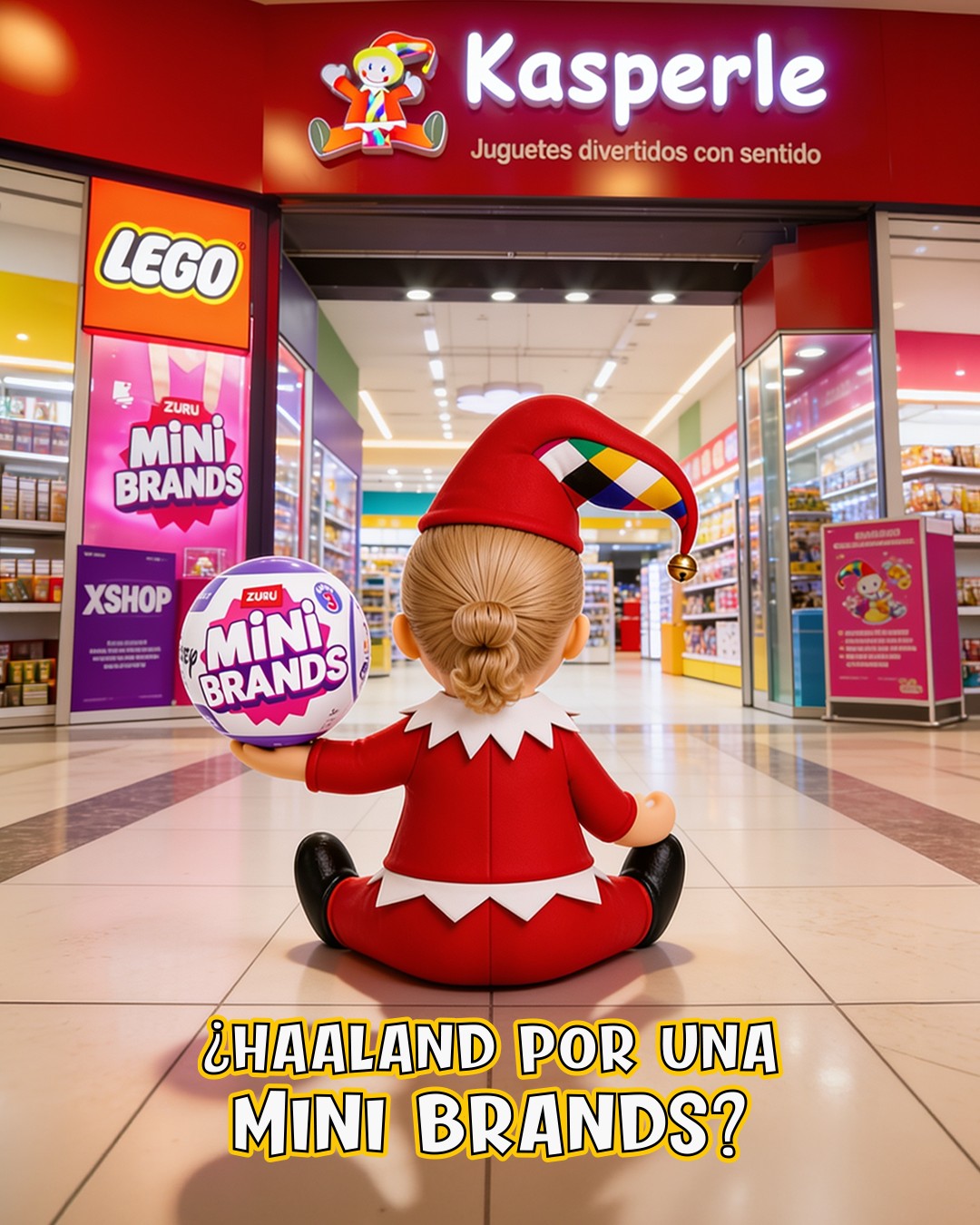 Duende Kasperle con una esfera Mini Brands en la entrada de la tienda
