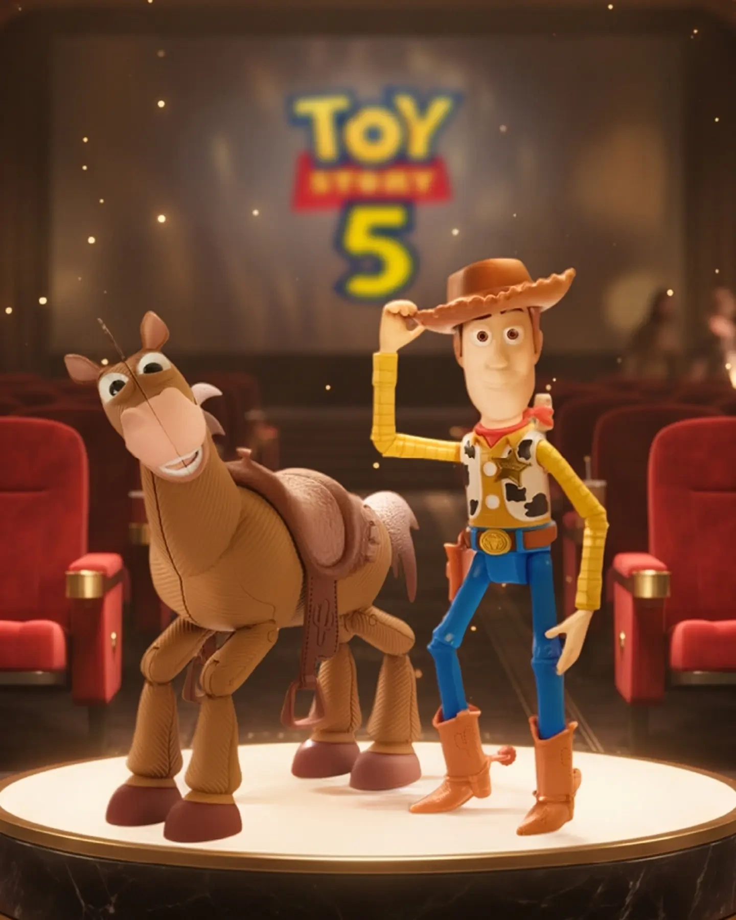 Woody y Tiro al Blanco en el escenario de una sala de cine
