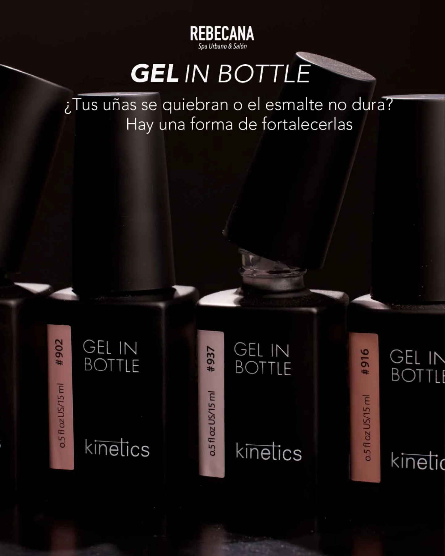 Tres frascos de Gel in Bottle de Kinetics alineados