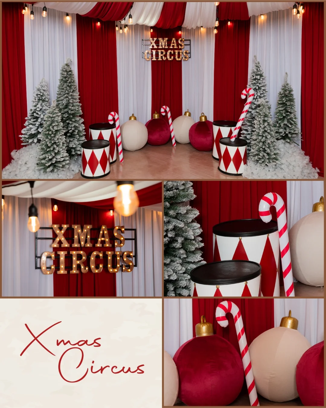 Collage con el rotulo iluminado de Xmas Circus